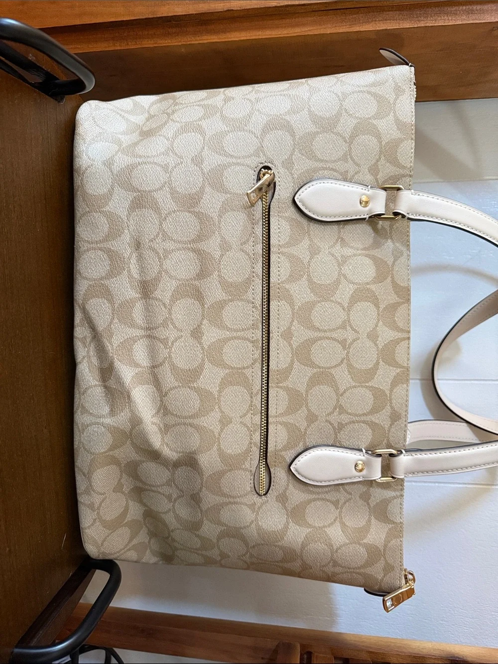 Coach Beige Chalk Signature Canvas Tote with Leather Trim